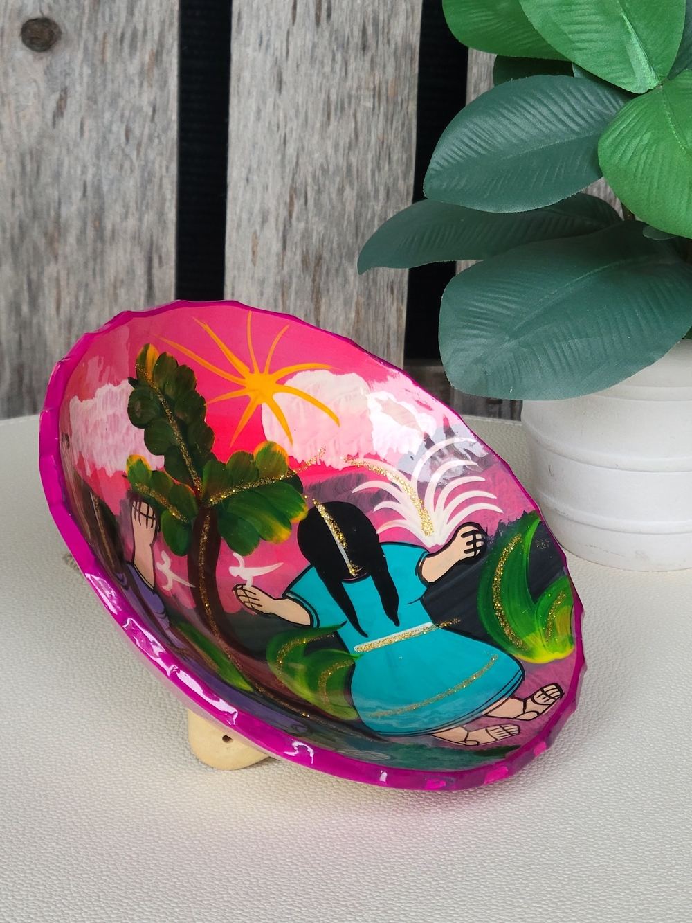 Hand-Painted Decorative Dish with Bright Magenta Dancing Girls Scene - Picture 2 of 6